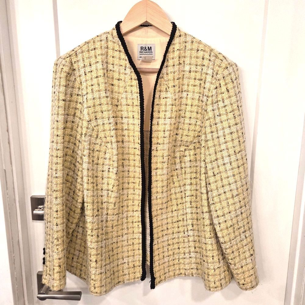 R&M Richards Tweed Open Front Blazer 16WP Chanel Style Butter Yellow Cottage